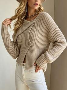 Balvessa Women's Solid Color Drop Shoulder Long Sleeve Single-Breasted Knit Thin Cardigan - Khaki - View 3