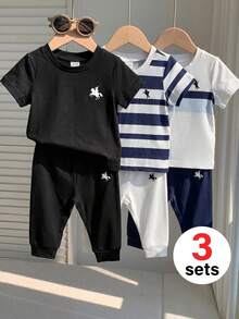 SHEIN Playful Pals Conjunto de 6 piezas/Set para bebé niño con estampado de caballero pony, elemento a rayas, camiseta de cuello redondo de manga corta y pantalones largos, atuendo casual, conjunto de ropa de verano y otoño para niño, conjunto de camiseta para bebé y niño pequeño, paquete de varias piezas - Multicolor - Ver 7
