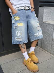 Manfinity EMRG Men's Street Style Casual Printed Distressed Blue Denim Shorts - Light Wash - View 8