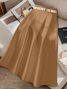 GlowEve CURVE Plus Size Elegant Commuter Solid Color Skirt - Brown - View 1
