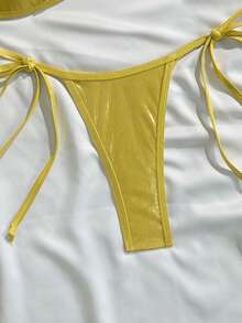 SHEIN Swim 2 件套纯色夏季新款铝箔面料略带衬垫黄色比基尼上衣和侧系带丁字裤 - 金色 - 查看 4