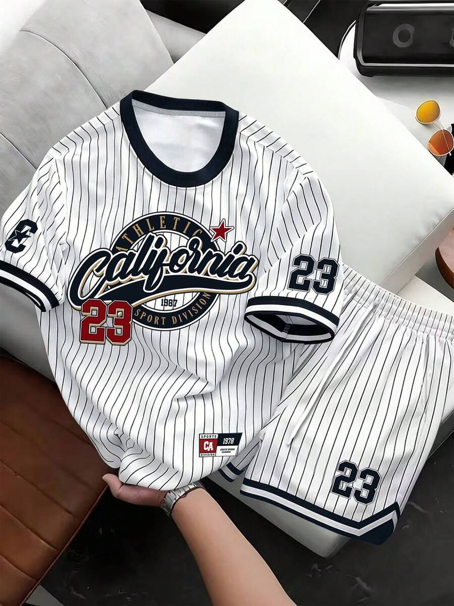 Manfinity Hypemode 經典校園運動風復古 California #23 短袖 T 恤套裝，黑白直條紋 California #23 棒球球衣時尚運動休閒短袖 T 恤套裝 - 彩色 - 查看 1