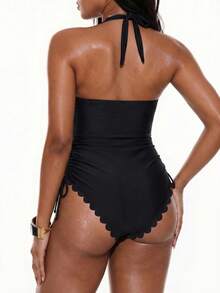 SHEIN Swim Curve Plus Size Women One-Piece Solid Color Cutout Elegant Swimsuit - Black - View 2