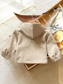 SHEIN 1pc Baby Boy Autumn Light Grey Solid Color Casual Modest Western Hooded Zip-Up Long Sleeve Jacket Outerwear With Pockets, Loose Fit, Comfortable - Khaki - View 3