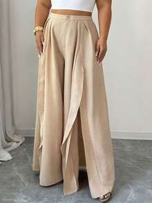 Elenzga Plus Size Women's Solid Color High Waist Pleated Wide Leg Casual Pants - Khaki - View 3