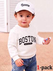 SHEIN Playful Pals 1件嬰幼兒男女通用 6個月-3歲休閒白色長袖圓領套頭運動衫，適合四季穿著，簡約百搭 - 白色 - 查看 7