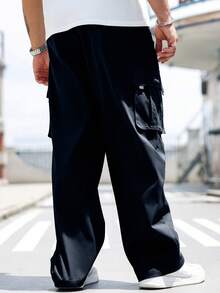 Manfinity Homme 大尺碼男士純色工裝口袋寬鬆休閒長褲 - 藏蓝色 - 查看 2
