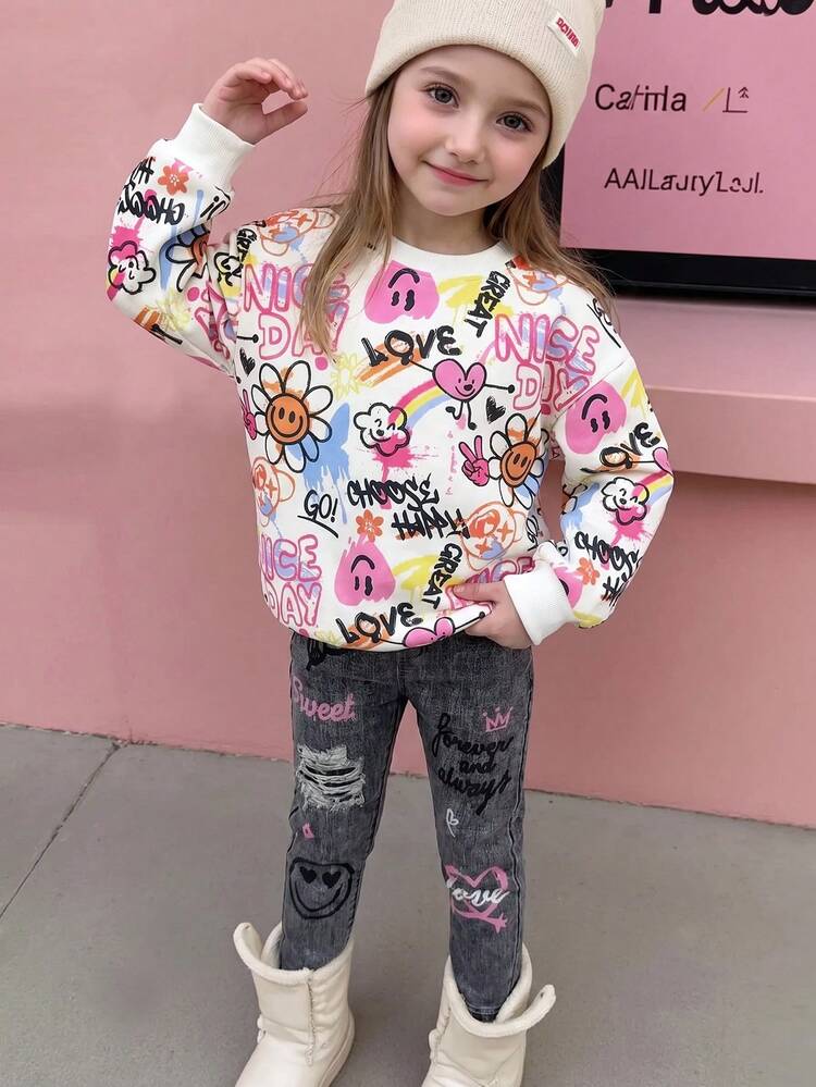 SHEIN Kids Young Girl Knitted Tie-Dye Round Neck Casual Sweatshirt And Long Pants 2 Pieces Set - White - View 1