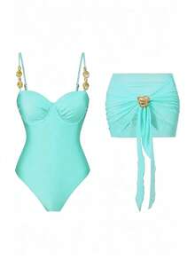 Swim Oasis 女款純色米色鋼圈一件式泳衣，可拆卸細肩帶、硬杯、可調節側褶飾邊，附可拆卸金屬裝飾網紗裙，3件套 - 薄荷綠 - 查看 1