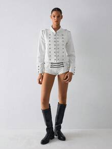 ATUI Studio Women's Military Napoleon Denim Jacket – Cropped Jean Coat With Gold Button Trim, Everyday Essential For Fall, Daily & Work - White - View 3