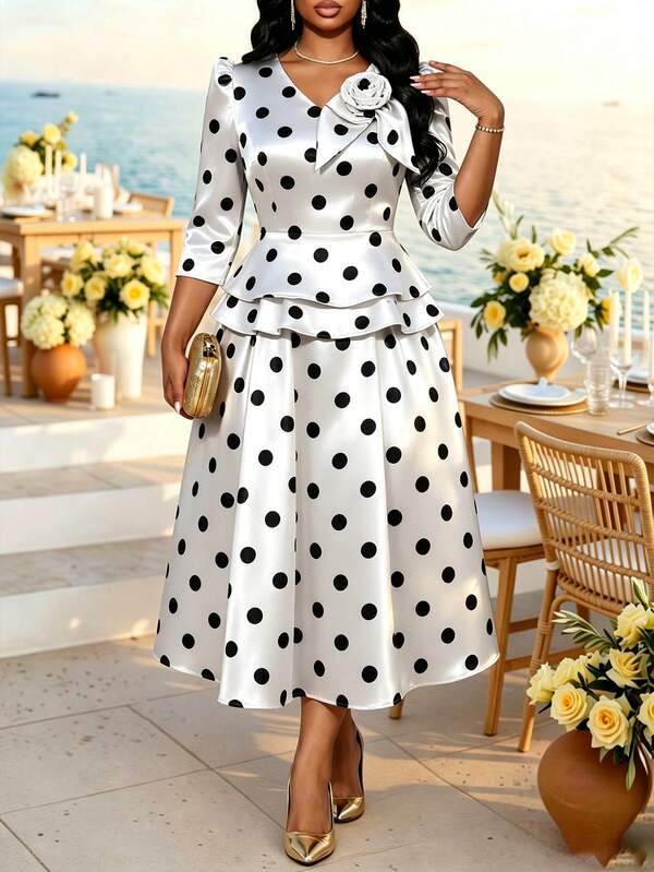 SHEIN Lady Rok Lebar Elegan Motif Polkadot untuk Wanita Ukuran Plus, Cocok untuk Musim Gugur
