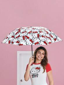 HELLO KITTY AND FRIENDS | SHEIN 可愛白色貓咪粉色蝴蝶結印花三折傘，防曬防雨雙用遮陽傘，輕巧便攜，適合旅行與日常使用 - 紅色 - 查看 2