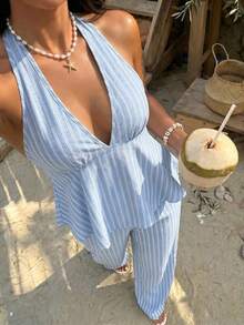 Sunnyshic Women's Spring/Summer Brown & White Striped Linen Textured Fabric V-Neck Halter Tie Backless Ruffle Tank Top Extended Length 2-Piece Set, Minimalist Versatile For Vacation, Commute, Office, Shopping, Dating, Daily Outings - Blue - View 3