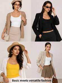 SHEIN BASICS 1件女款素色修身休閒細肩帶背心上衣 白色上衣 - 白色 - 查看 18