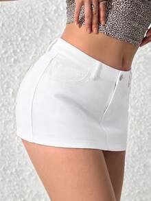 SHEIN PETITE 女款夏季性感純色迷你牛仔裙 - 白色 - 查看 1