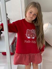 HELLO KITTY | DAZY Patchwork Design KT Cat Embroidered Loose Fit Long Sleeve Autumn/Winter Young Girls' Dress - Burgundy - View 1