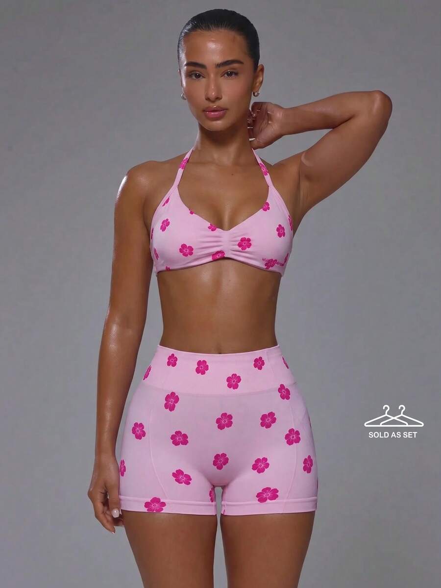 Musera Sport 熱帶花卉印花挖肩掛脖式抓皺胸部運動內衣,搭配高腰修身運動褲 - 粉色 - 查看 1
