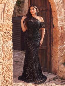 Aureia 大尺碼黑色優雅不對稱領口亮片拼接薄紗魚尾婚禮正式晚宴畢業派對晚禮服 - 黑色 - 查看 3
