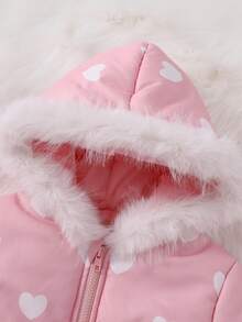 SHEIN Elladie kids 冬季女童休閒西式嬰兒白色愛心印花連帽中長款棉外套，毛邊飾，極地抓絨內裡，彈性腰帶，寬鬆版型 - 粉色 - 查看 5