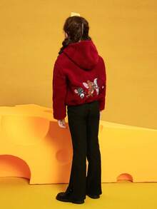 TOM & JERRY X SHEIN Tween Girl Cartoon Pattern Teddy Fleece Hooded Jacket - Burgundy - View 2