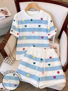Resyla Women's T-Shirt And Shorts Set, Heart Stripe Print Pattern, Summer Outing Top, High-End Feel, Casual Cute Versatile, Daily Wear, Shopping Brunch - Multicolor - View 1
