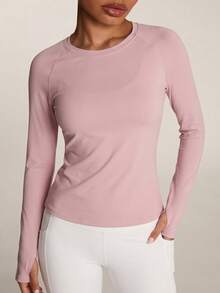 SHEIN BAE 1pc Women's Solid Color Round Neck Long Sleeve Casual Fitness Sports T-Shirt - Violet Purple - View 2