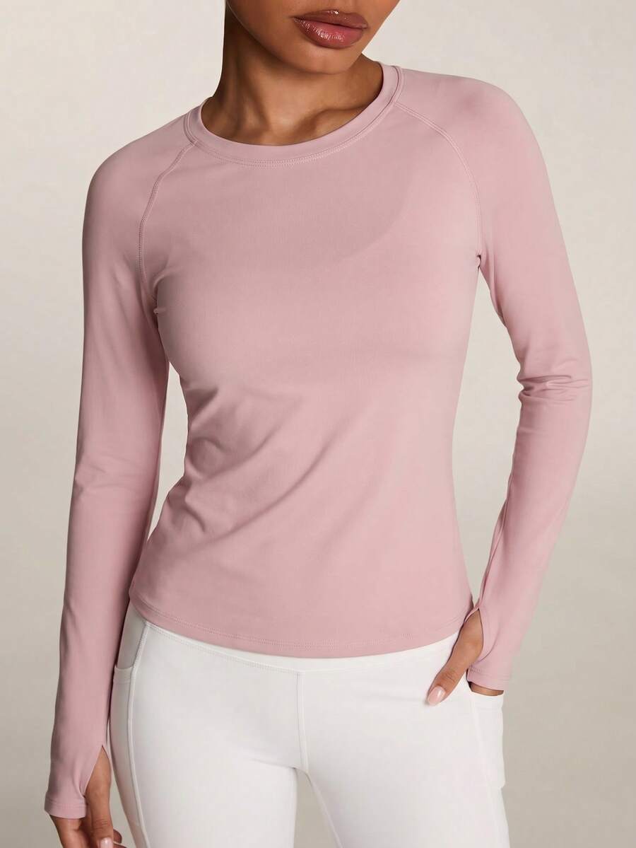 SHEIN BAE 1pc Women's Solid Color Round Neck Long Sleeve Casual Fitness Sports T-Shirt