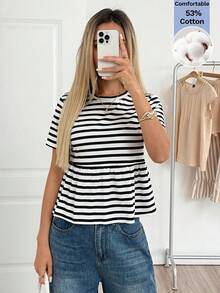 Easowa Women's Fashion Versatile Black And White Checkered Colorblock Pleated Short Sleeve T-Shirt Travel Summer Casual Coastal - Black and White - View 2