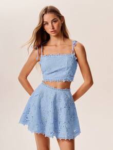 Willow Rêve 女款粉色刺繡細肩帶背心與迷你裙套裝，波希米亞風，情人節風格，浪漫度假風 - 淺藍色 - 查看 4