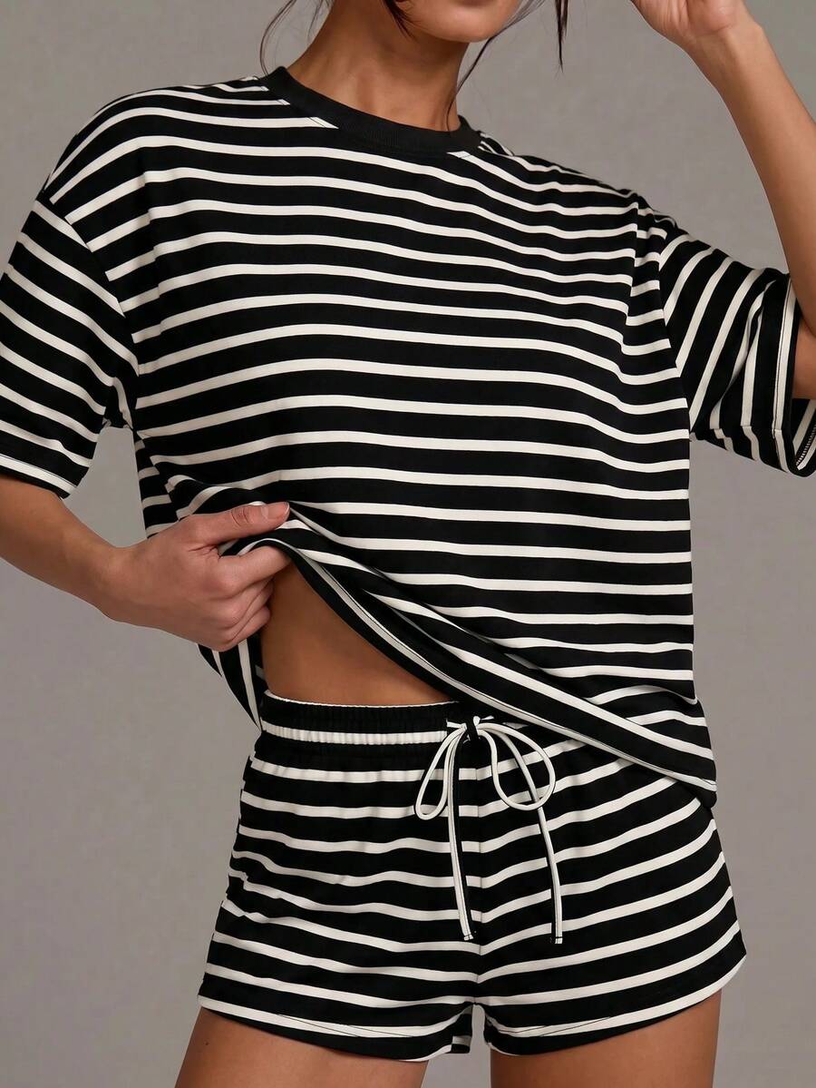 Athîral Women's Black And White Striped Colorblock Round Neck Short Sleeve Top And Drawstring Waist Shorts 2-Piece Set Lounge Summer Casual - Black - View 1