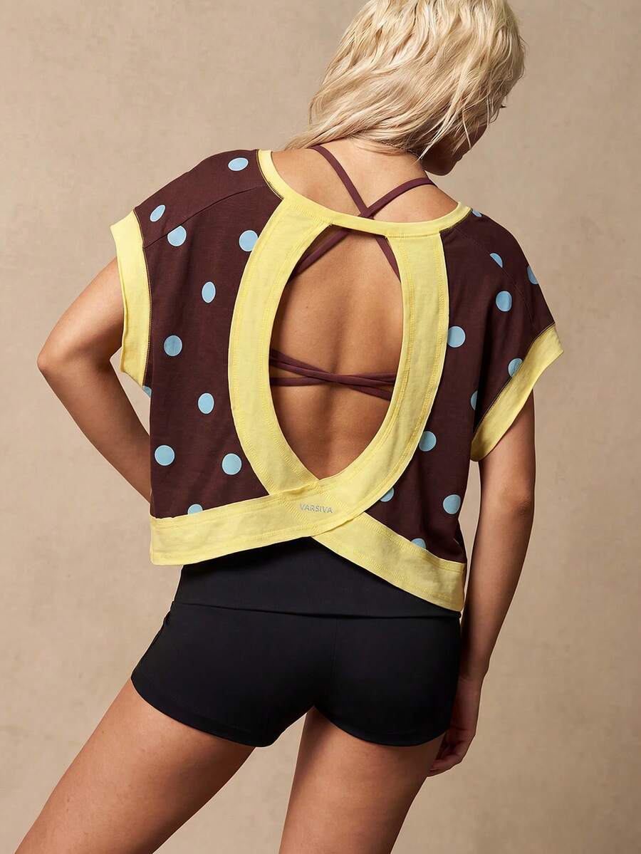 VARSIVA Polka Dot Print Back Hollow Out Sports T-Shirt - Multicolor - View 1