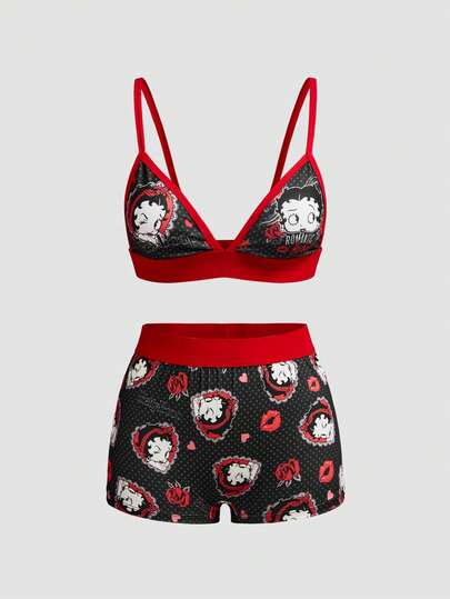 Chillnights Betty Boop x SHEIN Set 2 Potong Bra dan Celana Dalam Hipster Motif Betty