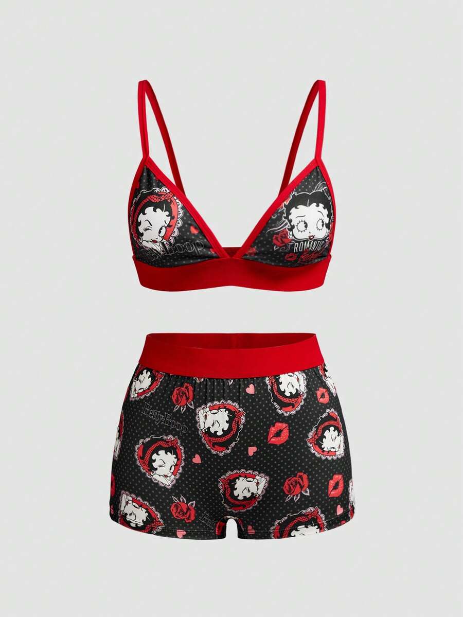 Chillnights Betty Boop x SHEIN Set 2 Potong Bra dan Celana Dalam Hipster Motif Betty - MultiWarna - View 1