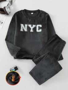 Genkimix Kids 男童字母刺繡皇家藍抓絨長袖上衣與長褲居家休閒套裝 - 黑色 - 查看 3