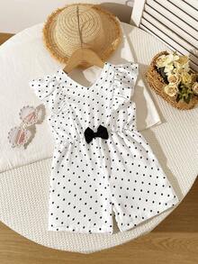 SHEIN Elladie kids 女童 2026 夏季新款黑色波點荷葉邊短袖 V 領收腰後蝴蝶結露背 A 字連身短褲，田園風時尚短版連身褲 - 黑與白 - 查看 4