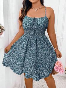 Elenzga Plus Ditsy Floral Print Tie Front Ruffle Hem Cami Dress Vacation Beach Outfits Women - Blue - View 4