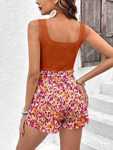 SHEIN Frenchy Casual Vacation Style Orange Tank Top With Abstract Orange Floral Full Print Pants Women 2 Pieces Set Suitable For Spring And Summer - Multicolor - View 2