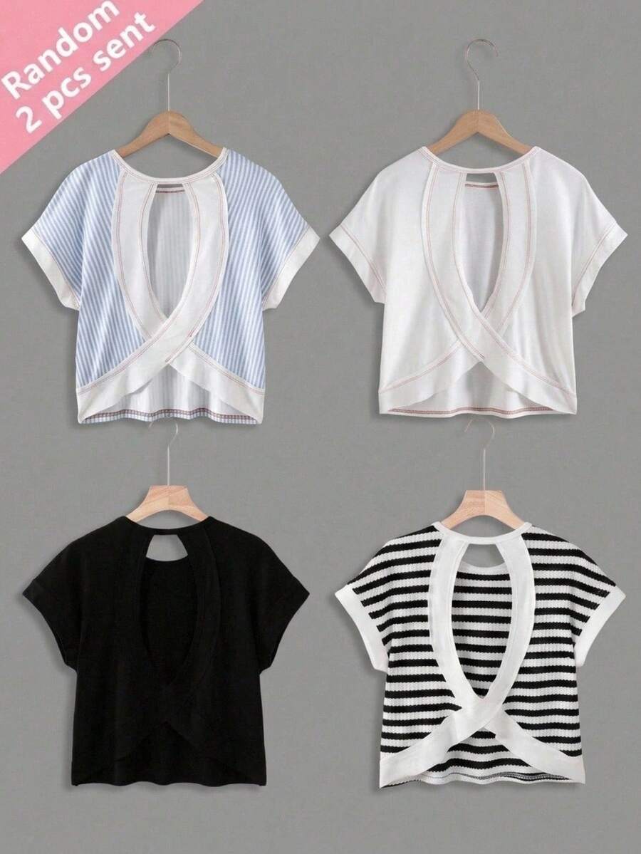 SHEIN KIDS KIDS 青少年女孩 2件套 背後交叉鏤空短袖T恤與圓領落肩上衣,純色/條紋休閒極簡風女裝,夏季日常街頭穿搭通勤套裝,小眾設計短版上衣 - 黑與白 - 查看 1