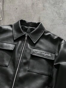 AXEPEAK 男士字母刺繡多功能口袋休閒拉鍊門襟夾克 - 黑色 - 查看 3