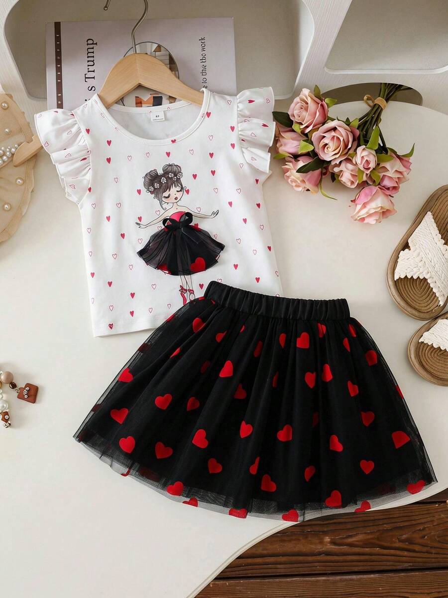 SHEIN Elladie kids 少女 3D 網格蝴蝶結裝飾愛心印花圓領 T 恤與精緻裙子套裝