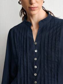 Aalyst Women's Summer New Cotton Linen Casual Minimalist Slouchy Versatile Holiday Premium Striped Craftsmanship Premium Shell Button V-Neck Premium Drop Shoulder Long Sleeve Blouse - Navy Blue - View 4