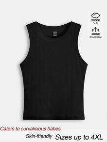 SHEIN BASICS Plus Size Women's Solid Color Round Neck Casual Versatile Tank Top - Black - View 7