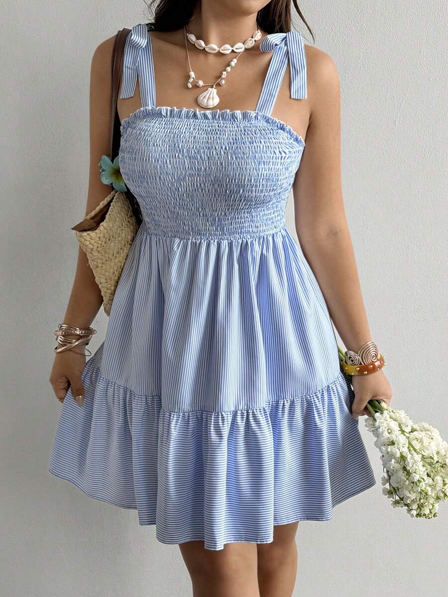 Sunnyshic Women's Spring/Summer Blue & White Striped Plus Size Dress With Ruched Detail, Spaghetti Straps, Tie Back, Open Back, A-Line Ruffle Hem, Sweet & Cute Style For Vacation, Beach, Commute, Shopping, Dating, Daily Wear - Blue - View 1