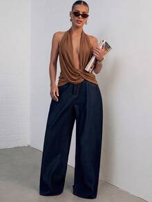 Hauture Asymmetrical Design Sleeveless Halter Neck Top - Brown - View 3