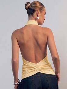 Hauture Asymmetrical Design Deep V-Neck Twisted Halter Top - Yellow - View 2