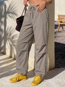 DAZY Drawstring Waist & Slant Pocket Design Pants - Brown - View 6