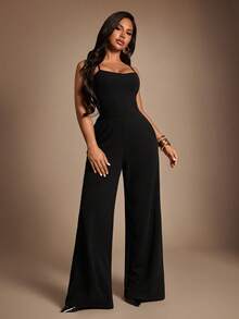 Radiana Women's Solid Color Pocket Elegant Wide Leg Jumpsuit - Black - View 6