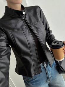 DAZY Solid Color Fitted Stand Collar Zipper Long Sleeve PU Jacket Casual Streetwear Spring Autumn Jacket For Women School Vacation - Black - View 2