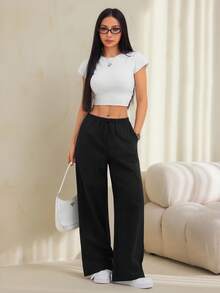 SHEIN PETITE 女款純色腰綁帶口袋長褲，舒適，適合春、夏、秋、冬 - 彩色 - 查看 8