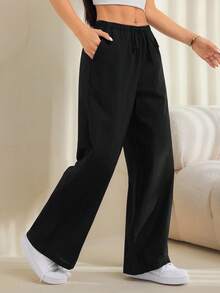 SHEIN PETITE 女款純色腰綁帶口袋長褲，舒適，適合春、夏、秋、冬 - 彩色 - 查看 10